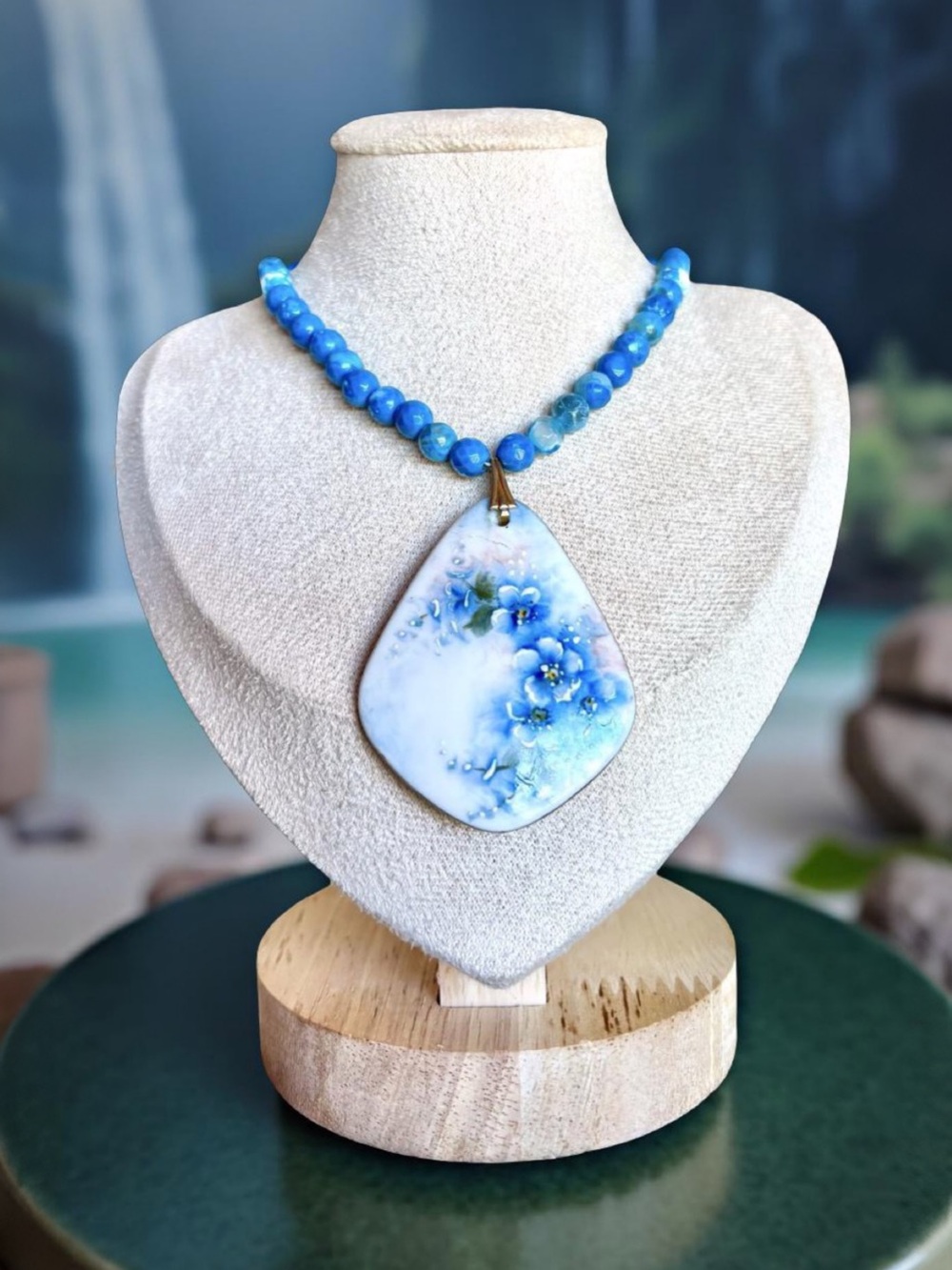 One-of-a-kind Hand painted Floral Ceramic Pendant/ Agate stone beads necklace